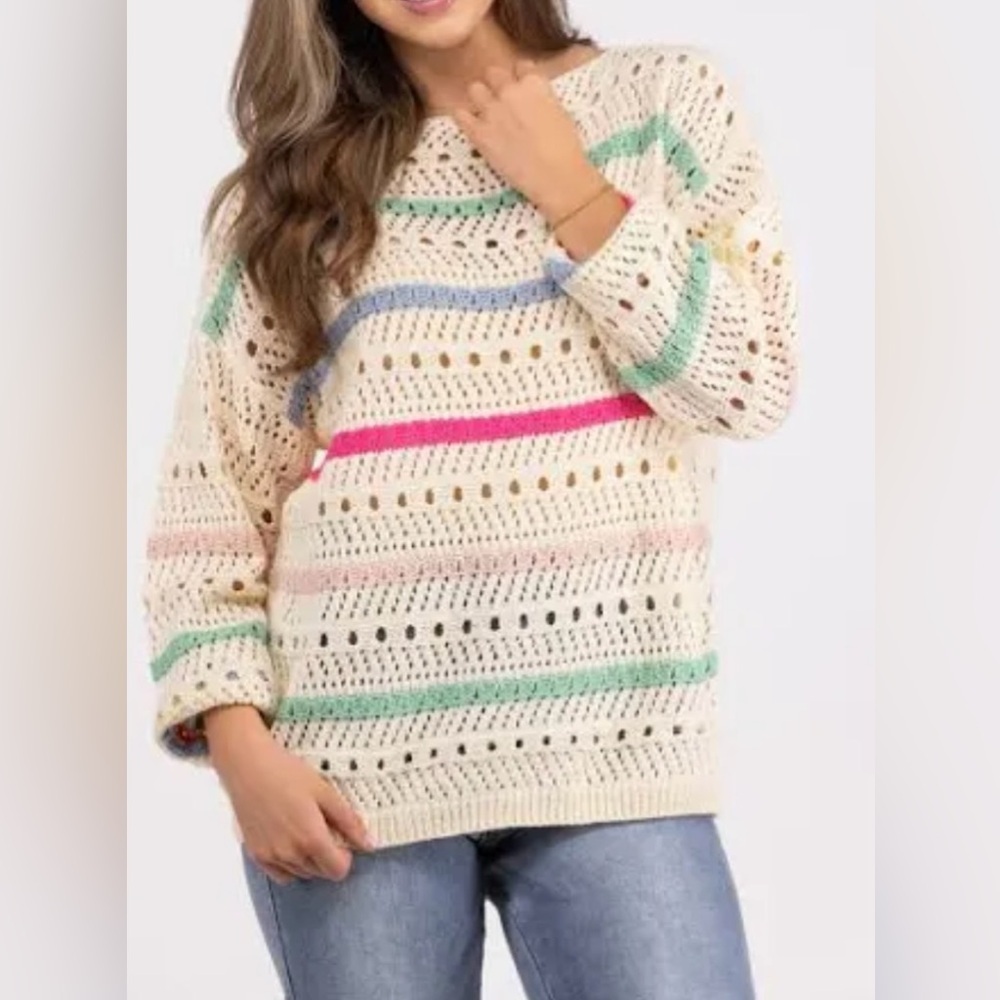 BiBi~ Women’s‎ Long sleeve Chunky Knit Rounded Neck stylish Striped Sweater Med